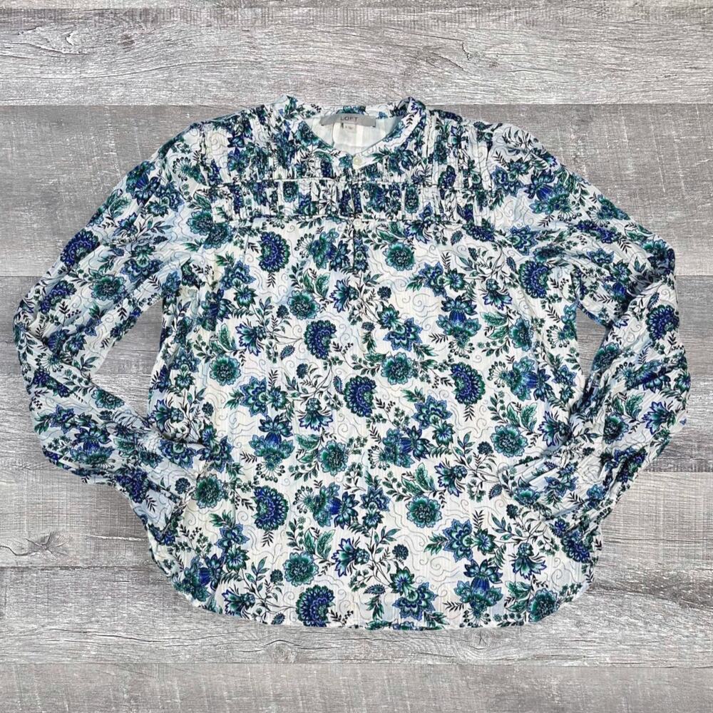 LOFT Garden Floral Top Women S Green Blue Long Sleeve Shirred Yoke Blouse Career